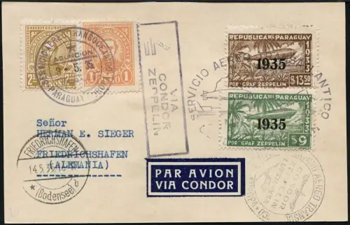 Zeppelin 1935 Paraguay 3. SAF Reko-Postkarte Asuncion F´hafen Si 298 / 2143