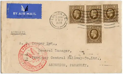 Katapult 1938 GB Brief Eisenbahn-Gesellschaft Paraguay Catapult H 694 / 2085