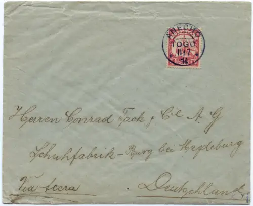 Togo 1914 Brief aus Anecho vom 11.7.14 über Accra nach Burg/Magdeburg / 69