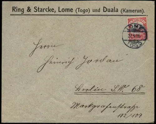 Togo 1911 Brief Ring & Starcke Lome und Duala aus Lome 27.9.11 nach Berlin / 70