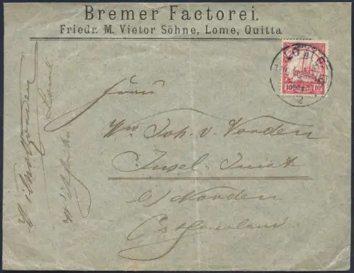 Togo 1902 Brief Bremer Factorei Vietor Lome 26.11.02 Insel Juist Aku-Stempel/ 71
