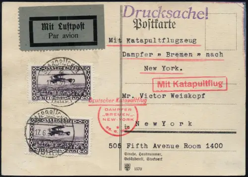 Katapult 1930 Saargebiet Postkarte Saarbrücken New York Catapult H 16 / 2089