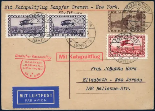 Katapult 1930 Saargebiet Ganzsache Saarbrücken New Jersey Catapult H 16 / 2090