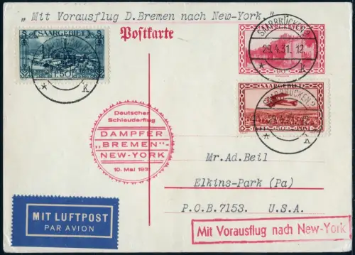 Katapult 1931 Saargebiet Ganzsache Saarbrücken Elkins-Park Catapult H 40 / 2092