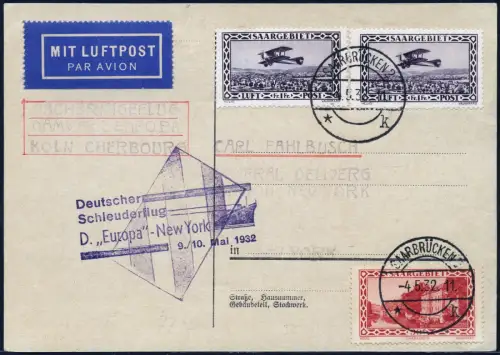 Katapult 1932 Saargebiet New York Cachet Gestrichen Catapult H 77 / 2093 RAR