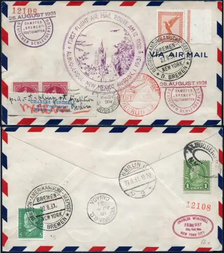 Katapult + Erstflug 1931 USA/Dt. Reich Kombi-Brief New Mexico Seepost H 66 /2095