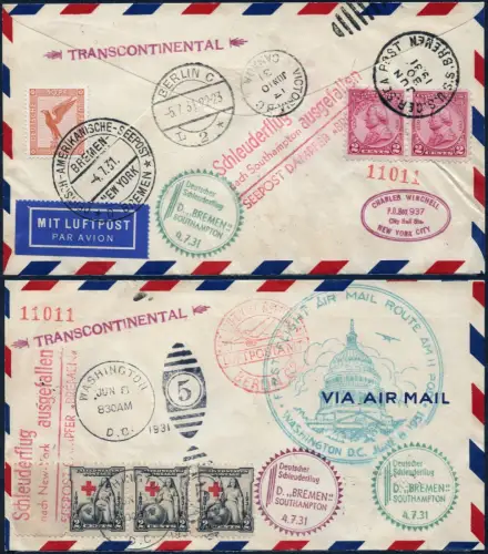 Katapult 3x + Erstflug 1931 USA/Dt. Reich Kombi-Brief Flugausfall H 53 + 57/2096