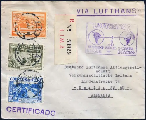 Katapult Peru 1938 Erstflug Reko-Brief aus Lima nach Berlin H 648 Catapult / 298