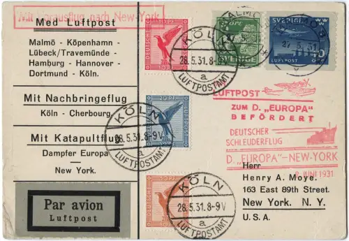 Katapult 1931 Schweden MiF Dt. Reich Nachbringeflug Köln Catapult H 45 c / 2103