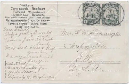 Togo 1910 Präge-AK Geburtstag Ho 4.01.10 Paar 5 Pfennig Illinois USA / 78