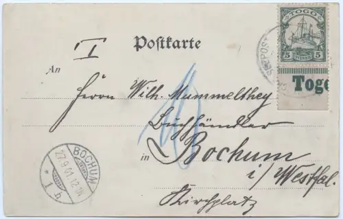 Togo 1901 AK Gruss aus Togoland Dt. Seepost LHWA 6.8.01 Nachporto Bochum / 80
