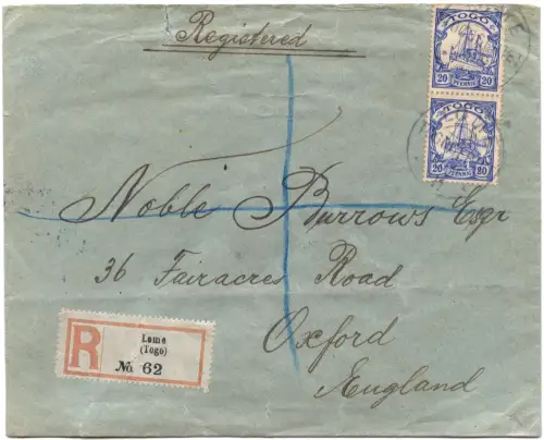 Togo 1911 Reko-Brief aus Lome 11.9.11 Paar 20 Pf Yacht Southampton Oxford /82