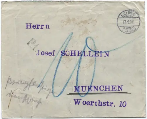 Togo 1907 Brief Gouverneur Portopflichtige Dienstsache Nachporto München / 83