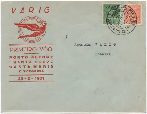 Brasilien 1931 First Flight Erstflug VARIG Porto Alegro Pelotas / 1350