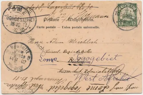 Togo 1902 AK Atakpame Lome Berlin Auswärtiges Amt Unzustellbar Retour Lome / 89