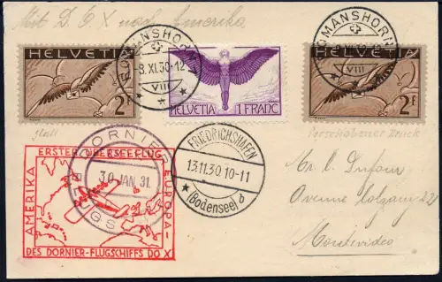 Schweiz 1931 DO-X Karte Romanshorn Rio Montevideo Uruguay Harms 11 DOX / 1036