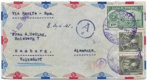 LATI 1941 Venezuela Brief  11.8.41 Puerto Cabello Hamburg Zensurstempel / 1699