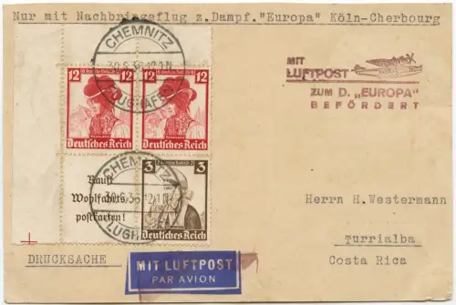Katapult 1936 Dt. Reich Chemnitz Nachbringeflug Köln Costa Rica / 2104