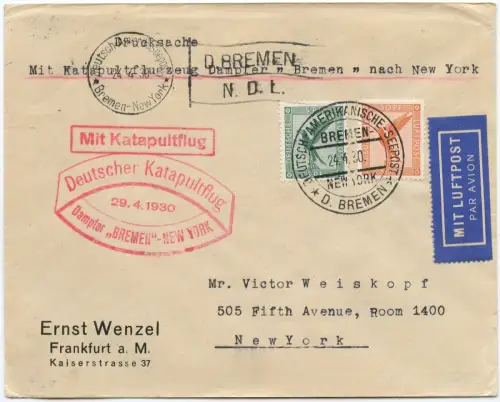 Katapult 1930 Dt. Reich Brief Frankfurt Seepost New York Catapult H 10 b / 2107