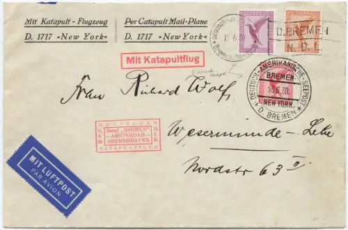 Katapult 1930 Dt. Reich Brief Seepost (2) Wesermünde Catapult 15 c / 2108