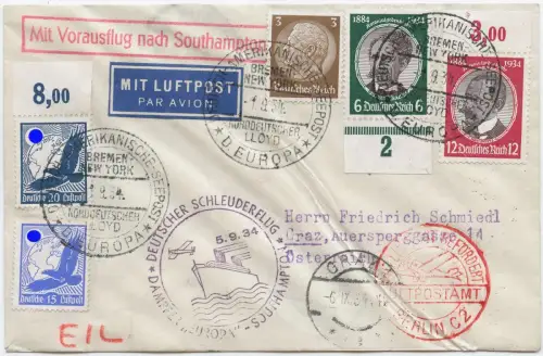 Katapult 1934 Dt. Reich Seepost Österreich F. Schmiedl Catapult H 176 c/2115