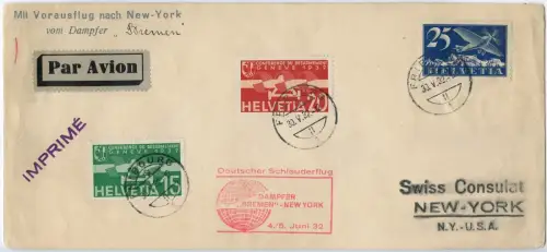 Katapult 1932 Schweiz Brief Fribourg Dampfer Bremen New York Catapult H 83/ 2117