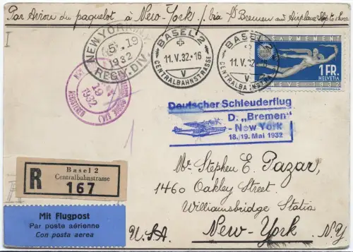 Katapult 1932 Schweiz Reko-Karte Basel NY Dampfer Bremen Catapult H 109 / 2118