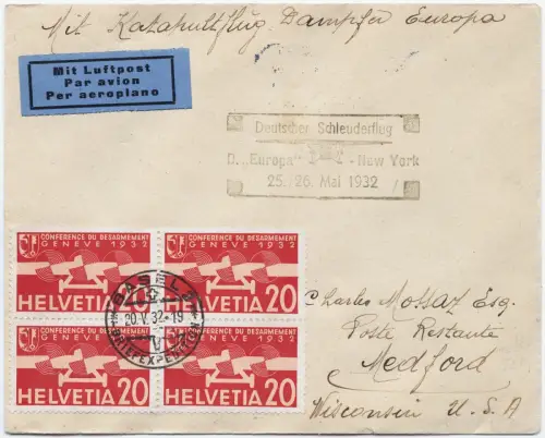 Katapult 1932 Schweiz Brief Basel Dampfer Europa Medford Catapult H 81 / 2120