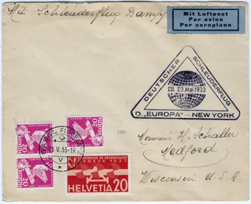 Katapult 1933 Schweiz Brief Basel Medford Dampfer Europa Catapult H 117 / 2121