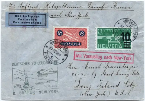 Katapult 1935 Schweiz Brief Bern Dampfer Bremen Long Island Catapult H 192/ 2122