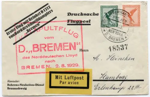 Katapult 1929 Dt. Reich 1. Rückflug Dampfer Bremen Seepost Catapult H 2 c / 2123