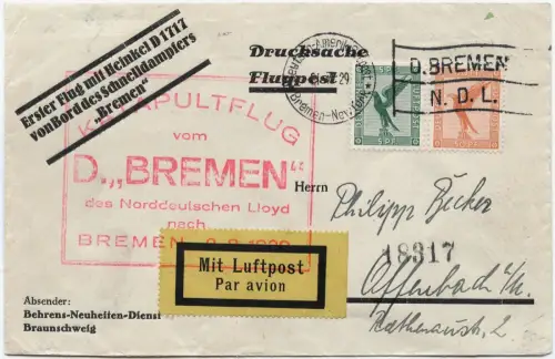 Katapult 1929 Dt. Reich 1. Rückflug Dampfer Bremen Seepost Catapult H 2 c / 2124