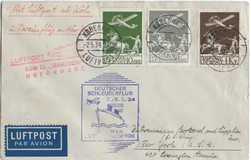 Katapult 1934 Dänemark Brief Nachbringeflug New York USA Catapult H 149 c / 2129