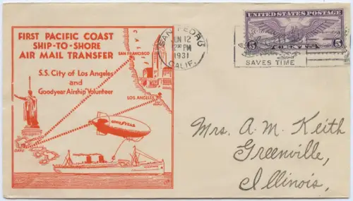 Katapult 1931 USA Brief San Pedro First Ship-to-Shore SS Los Angeles / 2131