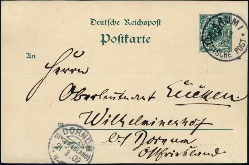Kiautschou 1902 Postkarte DP China ° Kaumi 5/2/02 Wilhelminenhof Dornum / 154