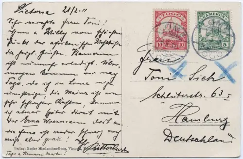Togo + Kamerun 1911 AK Victoria 2-Kolonien-Frankatur Lome 6.3.11 Hamburg / 90