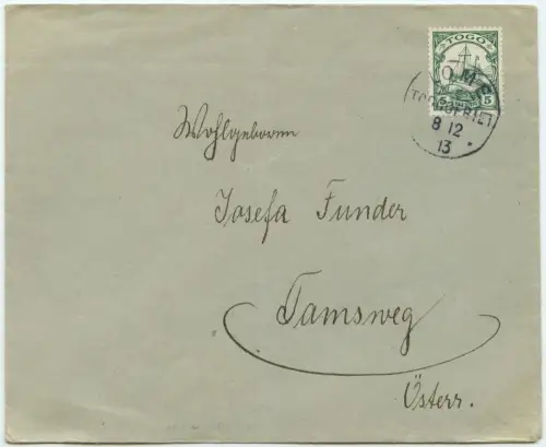 Togo 1913 Brief mit EF 5 Pfennig Yacht Drucksache Lome Tamsweg Österreich / 120