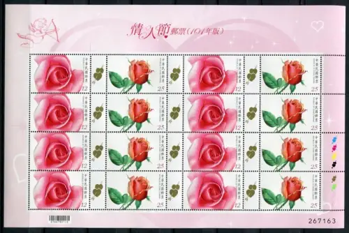 CHINA TAIWAN 2012 Rosen Roses Blumen Valentinstag 3661-2 Kleinbogen MNH