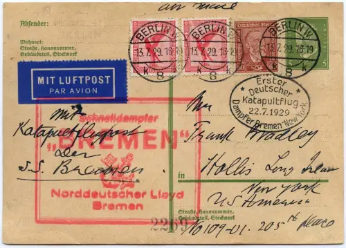 Katapult 1929 Dt. Reich Erstflug Dampfer Bremen Ganzsache Catapult H 1 b/ 2135