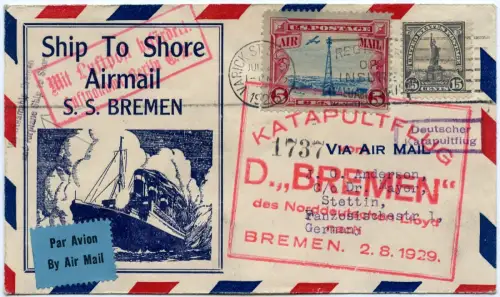 Katapult 1929 USA Brief Dampfer Bremen Cachet Stettin Catapult H 2 a / 2136