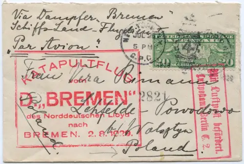Katapult 1929 USA Brief Dampfer Bremen Erstflug Polen Catapult H 2 a / 2137