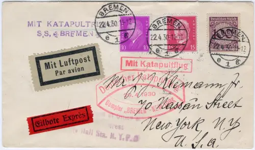 Katapult 1930 Dt. Reich Brief Bremen Eilboten New York Catapult H 10 a / 2138