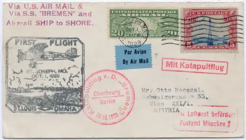 Katapult + Erstflug 1929 USA Kombi St. Joseph Omaha Wien Catapult H 8 a /2141