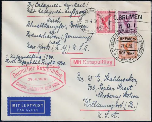 Katapult 1930 Dt. Reich Brief Seepost Williamsport Catapult H 10 b / 2142