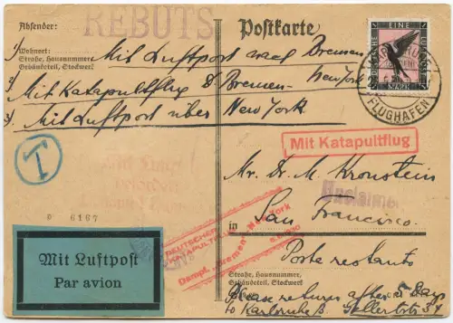 Katapult 1930 Dt. Reich Dampfer Bremen Karlsruhe 1 RM Taxe Catapult H 14 a /2146