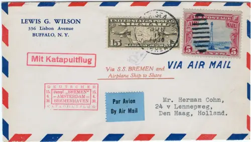 Katapult 1930 USA Brief US-Seepost Den Haag Niederlande Catapult H 15 b / 2148