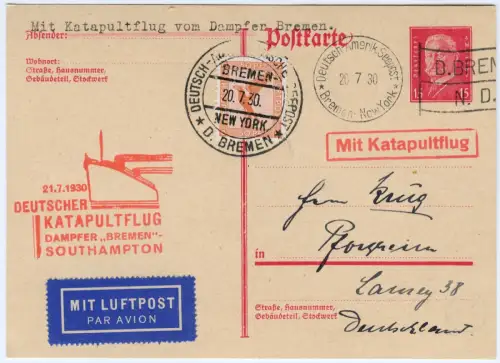 Katapult 1930 Dt. Reich Dampfer Bremen Seepost Pforzheim PK Catapult H 19 c/2150
