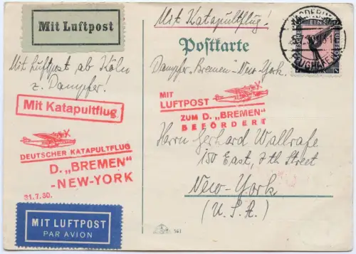 Katapult 1930 Dt. Reich Nachbringeflug Magdeburg Köln NY Catapult H 20 c / 2151
