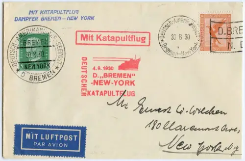 Katapult 1930 Dt. Reich Dampfer Bremen Seepost New York Catapult H 24 b / 2152