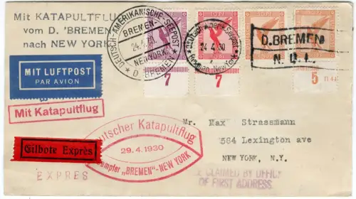 Katapult 1930 Dt. Reich Eilboten MiF Unterrand mit Nr. NY Catapult H 10 b / 2154